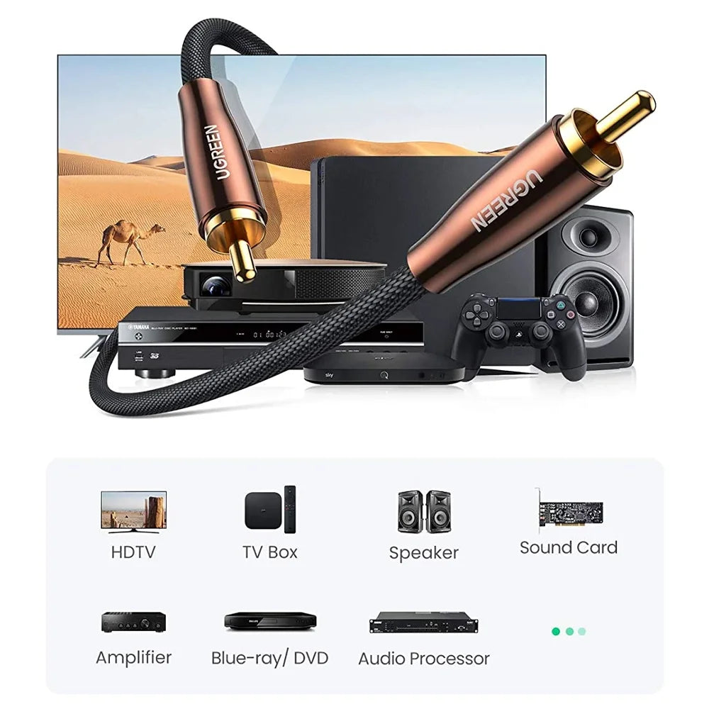 Cable audio coaxial UGREEN está diseñado para ofrecer una señal clara y estable para conectar sistemas de sonido, amplificadores, receptores AV y más
