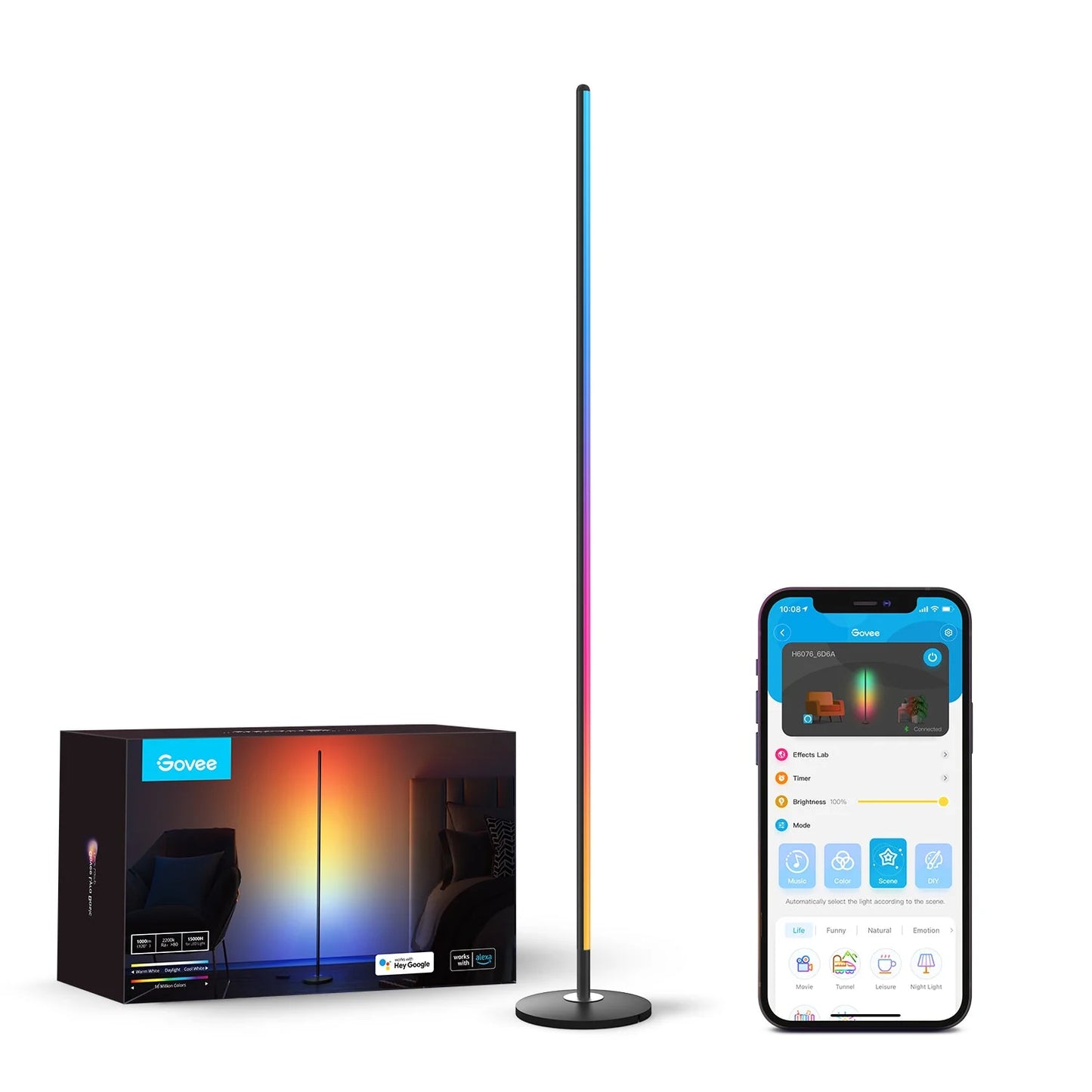 la Lámpara LED de Pie GOVEE permite mostrar varios colores simultáneamente, logrando transiciones suaves y efectos vibrantes que se adaptan a cualquier ambiente.