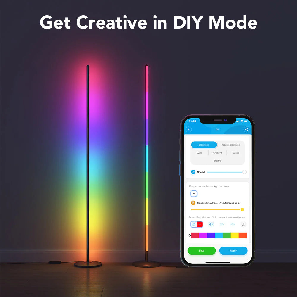 la Lámpara LED de Pie GOVEE permite mostrar varios colores simultáneamente, logrando transiciones suaves y efectos vibrantes que se adaptan a cualquier ambiente.