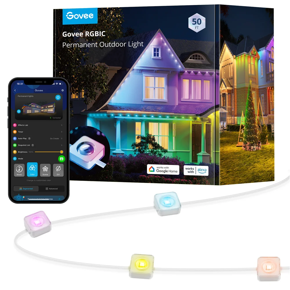 Luz LED Exterior Govee RGBIC Permanent Outdoor Lights está diseñada para transformar la apariencia de cualquier espacio al aire libre con una iluminación vibrante y personalizable.