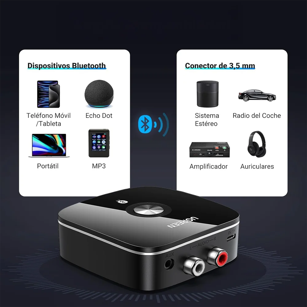 Receptor Bluetooth UGREEN cuenta con salidas RCA y Jack 3.5mm, lo que lo hace compatible con una amplia gama de dispositivos