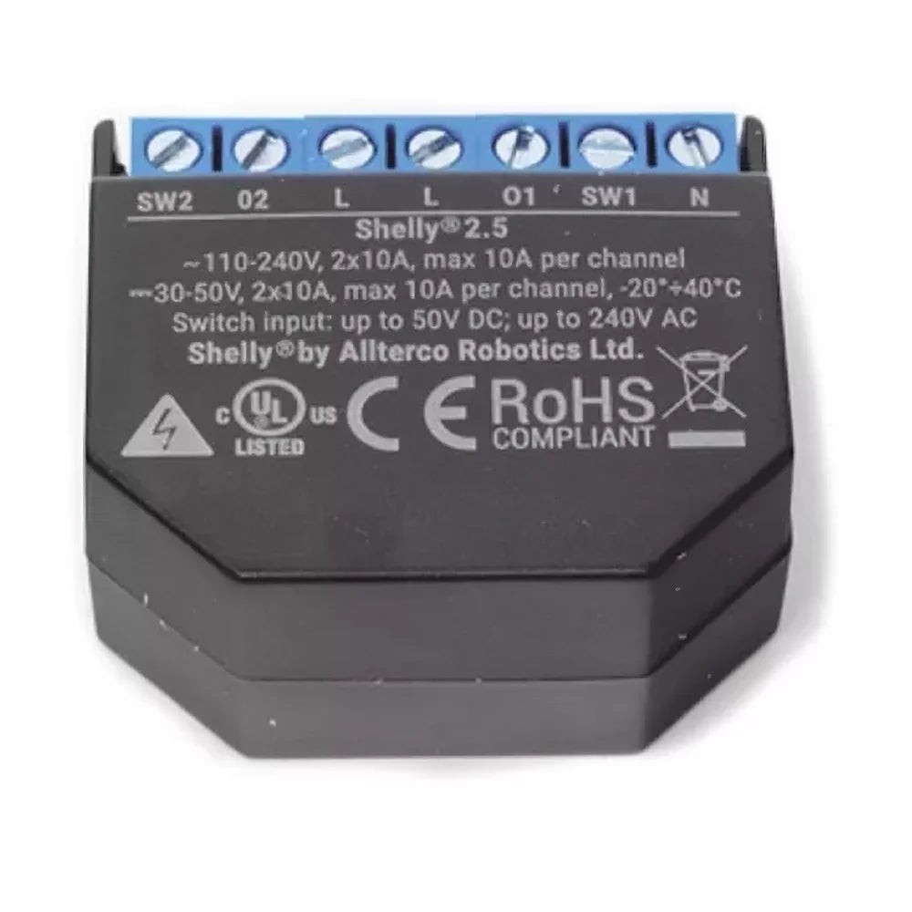 Shelly 2.5 es un doble interruptor de relevador WiFi inteligente diseñado para brindar control total sobre luces y dispositivos eléctricos