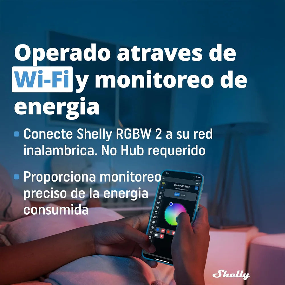 Shelly RGBW2 es un controlador inteligente diseñado para gestionar tiras LED RGB y RGBW, permitiéndote personalizar la iluminación de tu hogar con colores vibrantes y efectos dinámicos