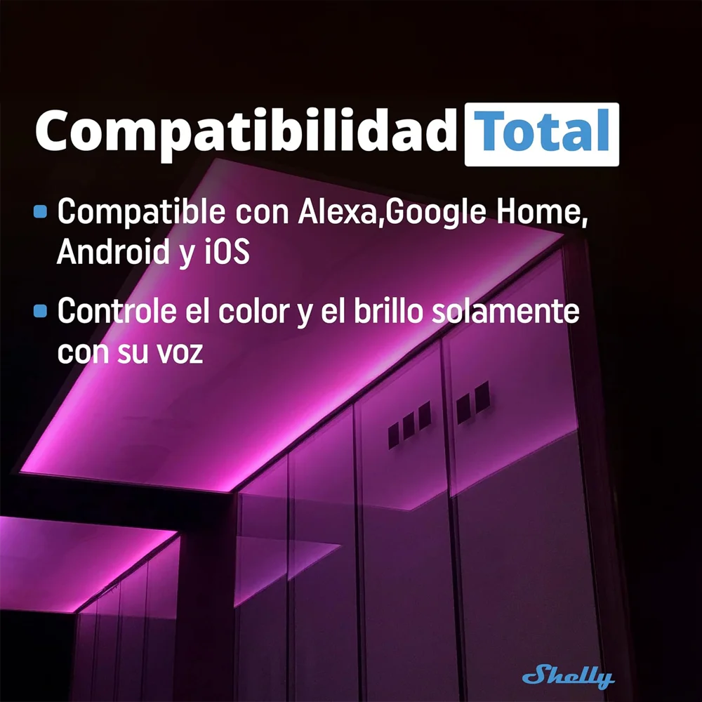 Shelly RGBW2 es un controlador inteligente diseñado para gestionar tiras LED RGB y RGBW, permitiéndote personalizar la iluminación de tu hogar con colores vibrantes y efectos dinámicos