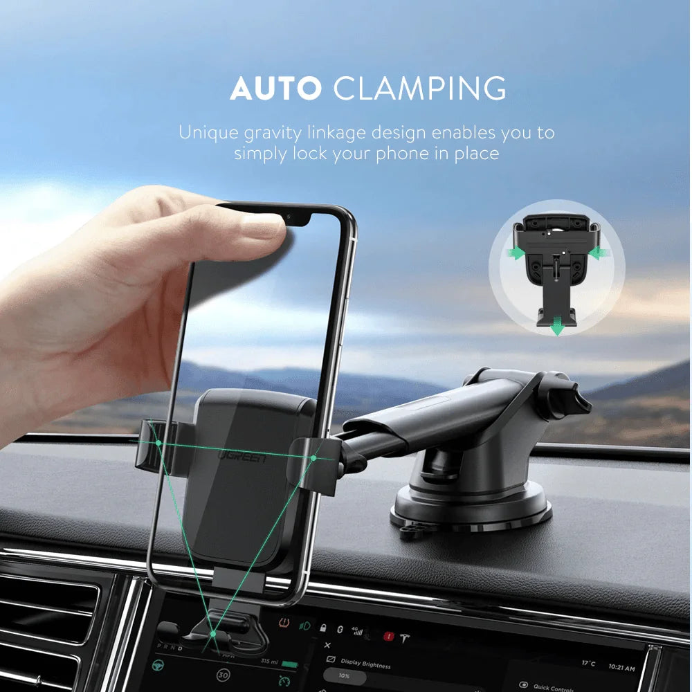 Soporte para celular UGREEN 60990B es un accesorio ideal para mantener tu smartphone seguro y accesible mientras conduces. Se fija mediante una potente ventosa al parabrisas o tablero de tu coche, sosteniendo tu móvil de forma estable incluso en caminos irregulares