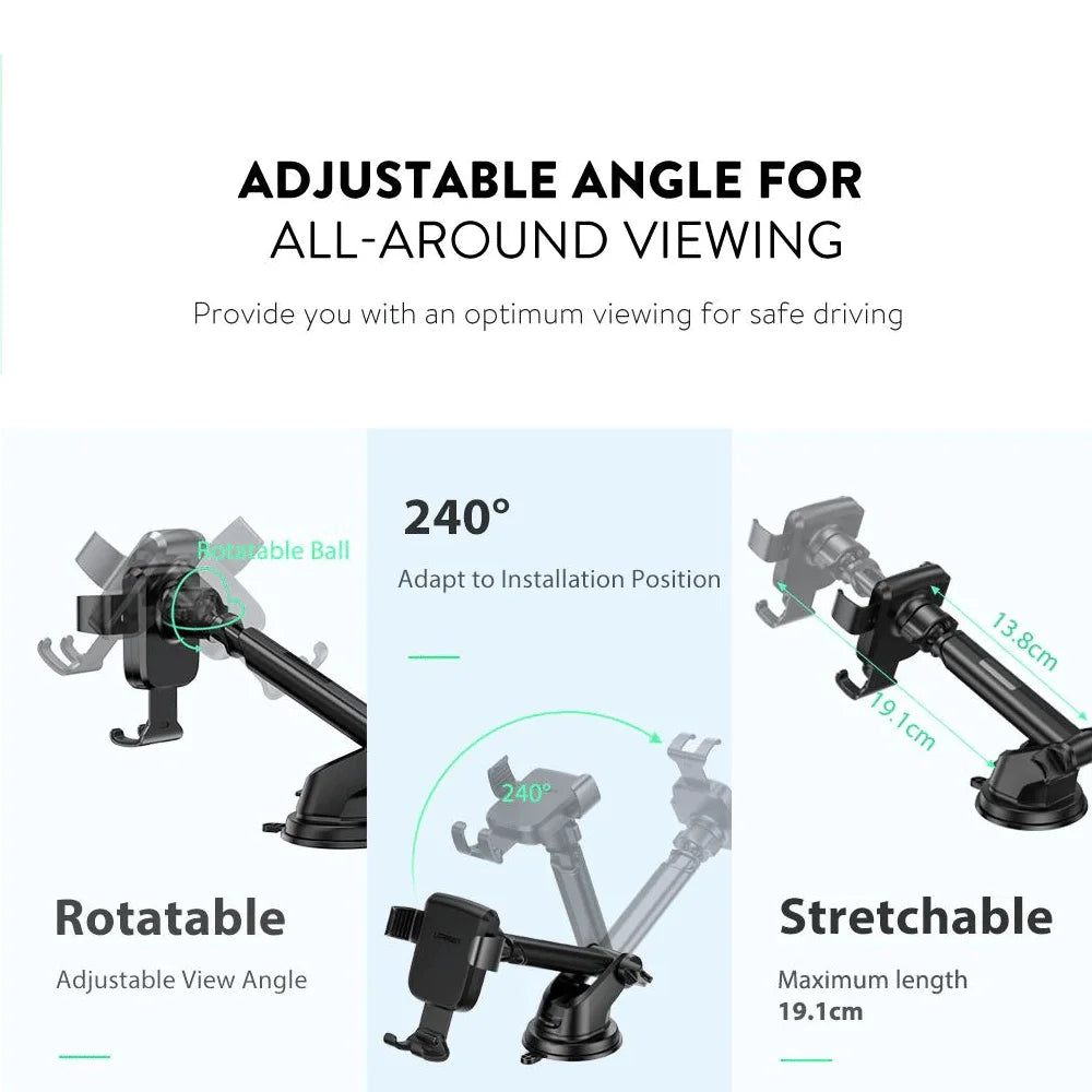 Soporte para celular UGREEN 60990B es un accesorio ideal para mantener tu smartphone seguro y accesible mientras conduces. Se fija mediante una potente ventosa al parabrisas o tablero de tu coche, sosteniendo tu móvil de forma estable incluso en caminos irregulares