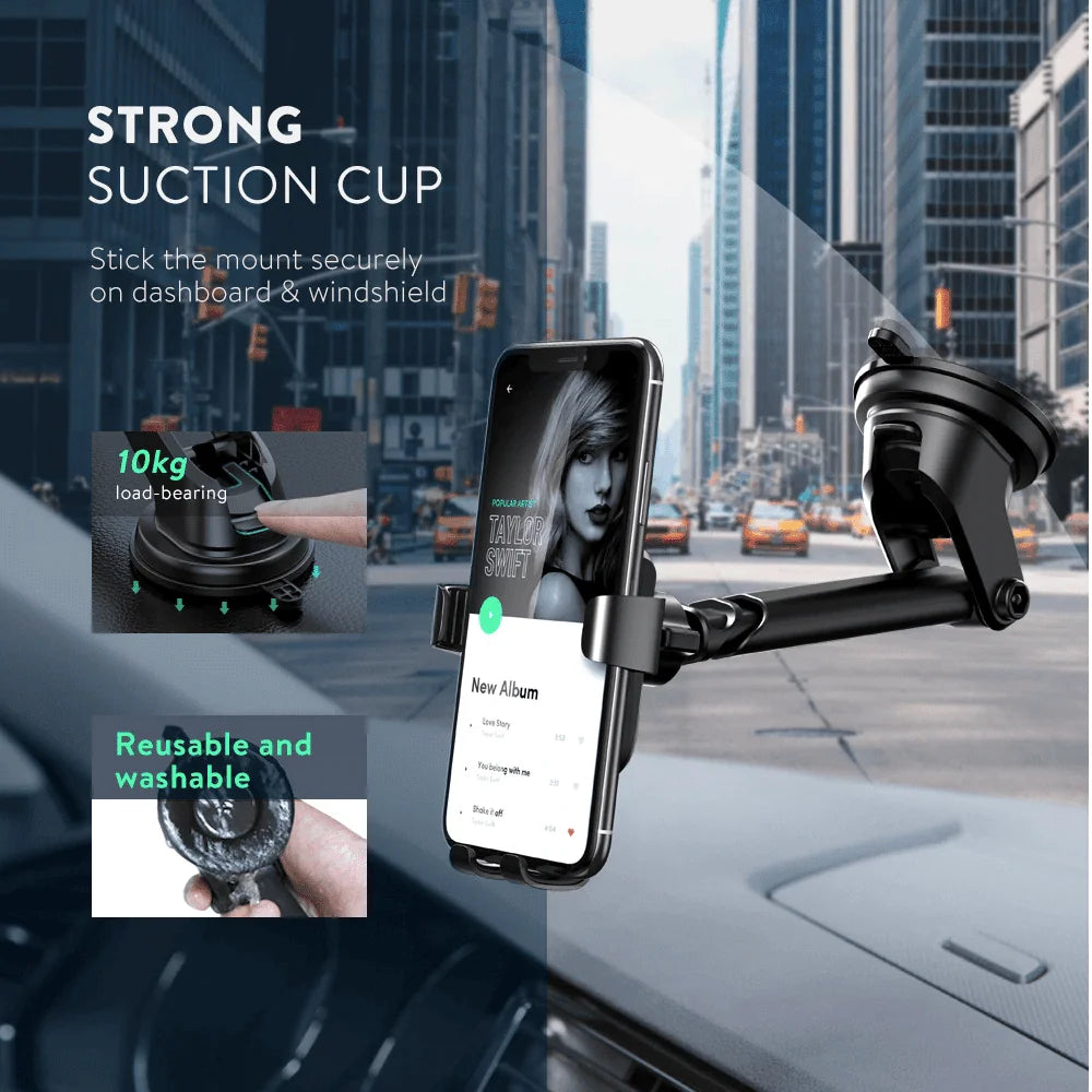 Soporte para celular UGREEN 60990B es un accesorio ideal para mantener tu smartphone seguro y accesible mientras conduces. Se fija mediante una potente ventosa al parabrisas o tablero de tu coche, sosteniendo tu móvil de forma estable incluso en caminos irregulares