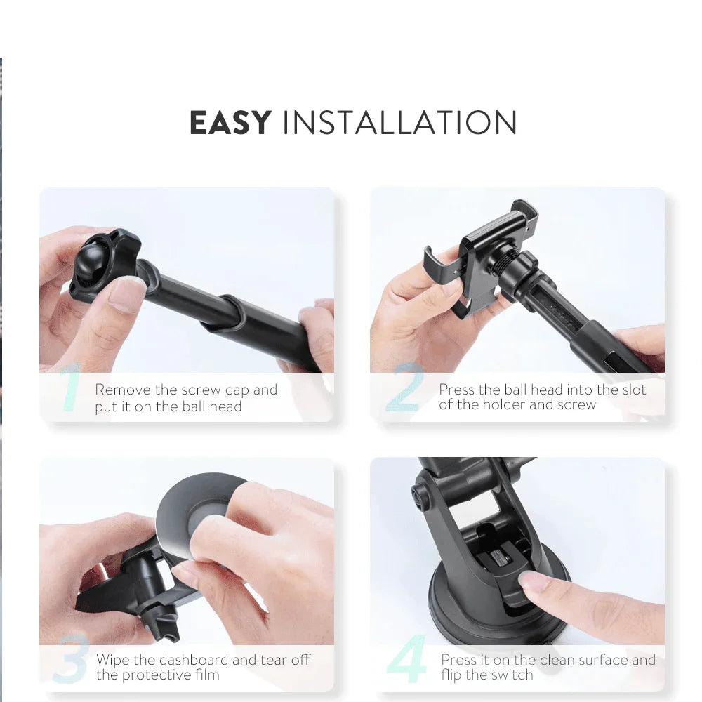 Soporte para celular UGREEN 60990B es un accesorio ideal para mantener tu smartphone seguro y accesible mientras conduces. Se fija mediante una potente ventosa al parabrisas o tablero de tu coche, sosteniendo tu móvil de forma estable incluso en caminos irregulares
