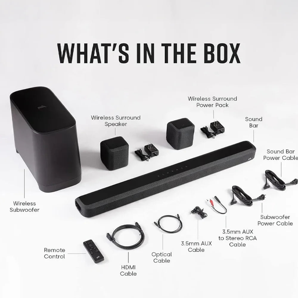 el Teatro en Casa Polk True Surround III cuenta con un sistema de sonido 5.1 inalámbrico e incluye una potente barra de sonido, un subwoofer inalámbrico de 7 pulgadas y dos altavoces traseros satélite para brindarte un audio envolvente, potente y claro desde todos los ángulos