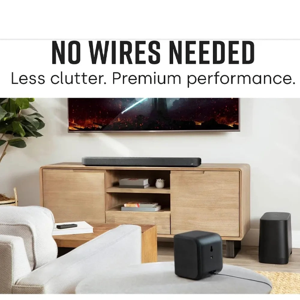 el Teatro en Casa Polk True Surround III cuenta con un sistema de sonido 5.1 inalámbrico e incluye una potente barra de sonido, un subwoofer inalámbrico de 7 pulgadas y dos altavoces traseros satélite para brindarte un audio envolvente, potente y claro desde todos los ángulos