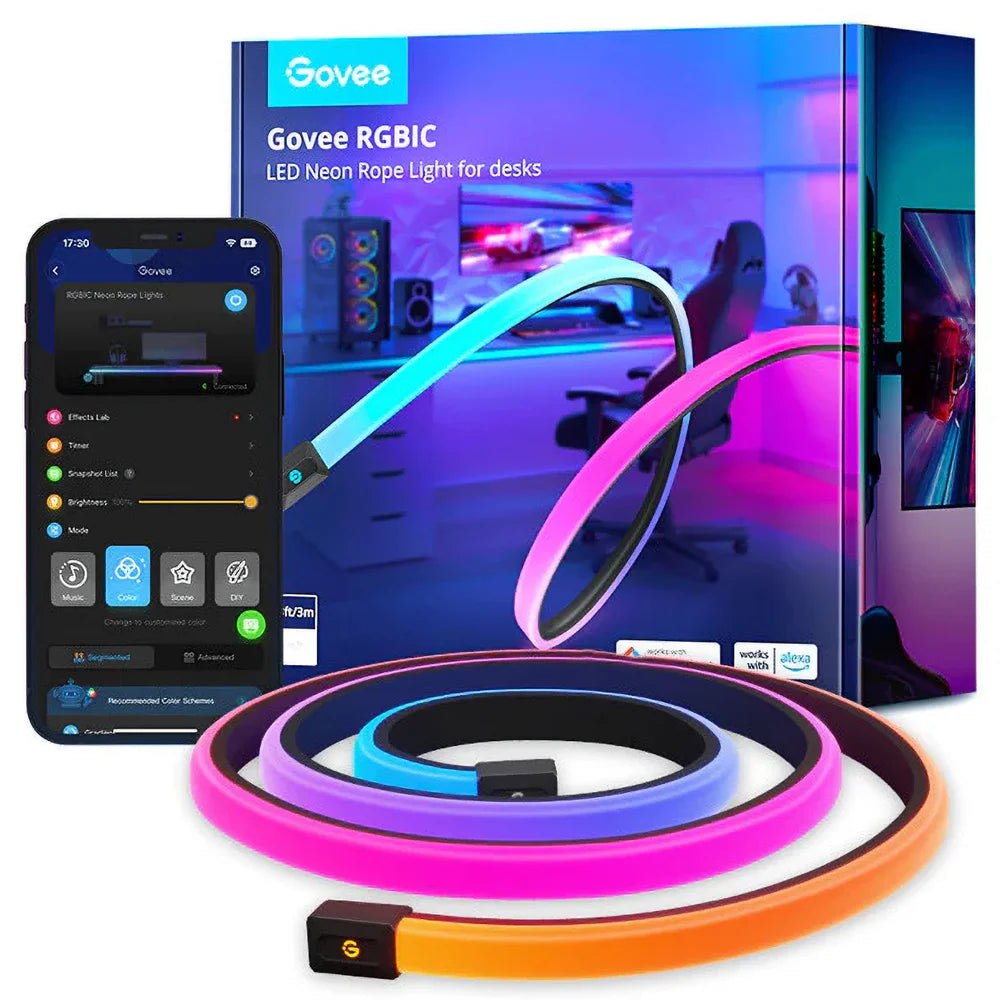 Tira Neon Flex Govee permite mostrar múltiples colores simultáneamente, creando transiciones suaves y efectos vibrantes que mejoran la ambientación de tu espacio.
