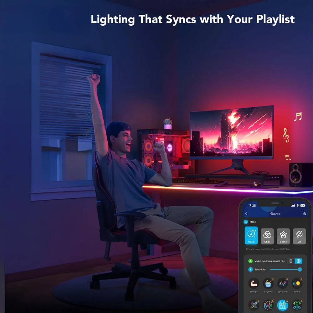 Tira Neon Flex Govee permite mostrar múltiples colores simultáneamente, creando transiciones suaves y efectos vibrantes que mejoran la ambientación de tu espacio.