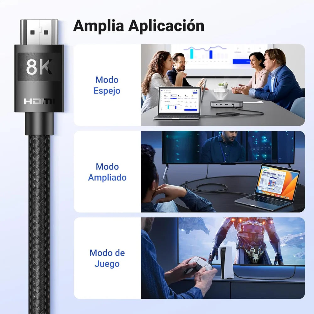 HDMI 2.1 UGREEN está diseñado para ofrecer la mejor calidad de imagen y sonido con resoluciones 8K a 60 Hz y 4K a 120 Hz. Ideal para gamers, amantes del cine y profesionales que buscan una transmisión sin interrupciones