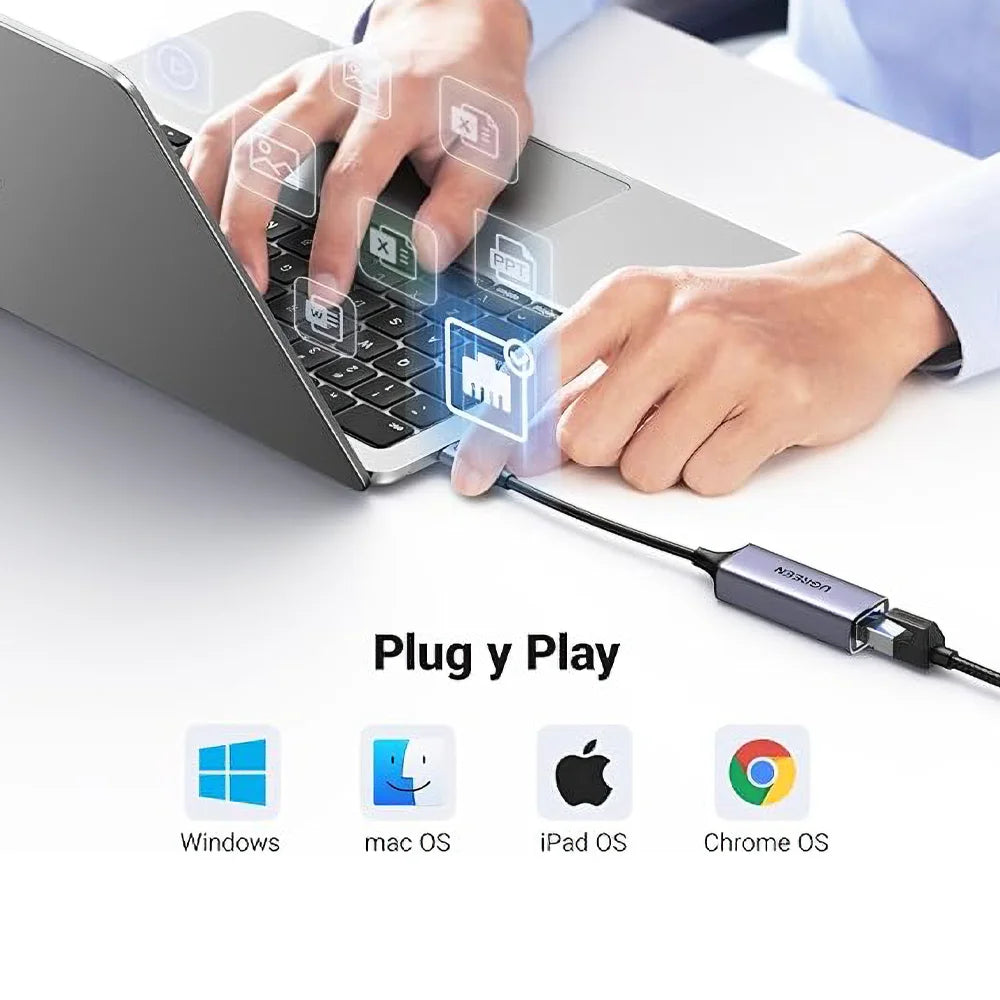 Con el USB Ethernet Adaptador UGREEN - USB-C 3.1 a RJ45, disfruta de una conexión rápida, estable y sin interrupciones con una velocidad de hasta 1 Gbps. Diseñado para profesionales, gamers y creadores de contenido que no pueden permitirse latencias ni caídas de conexión
