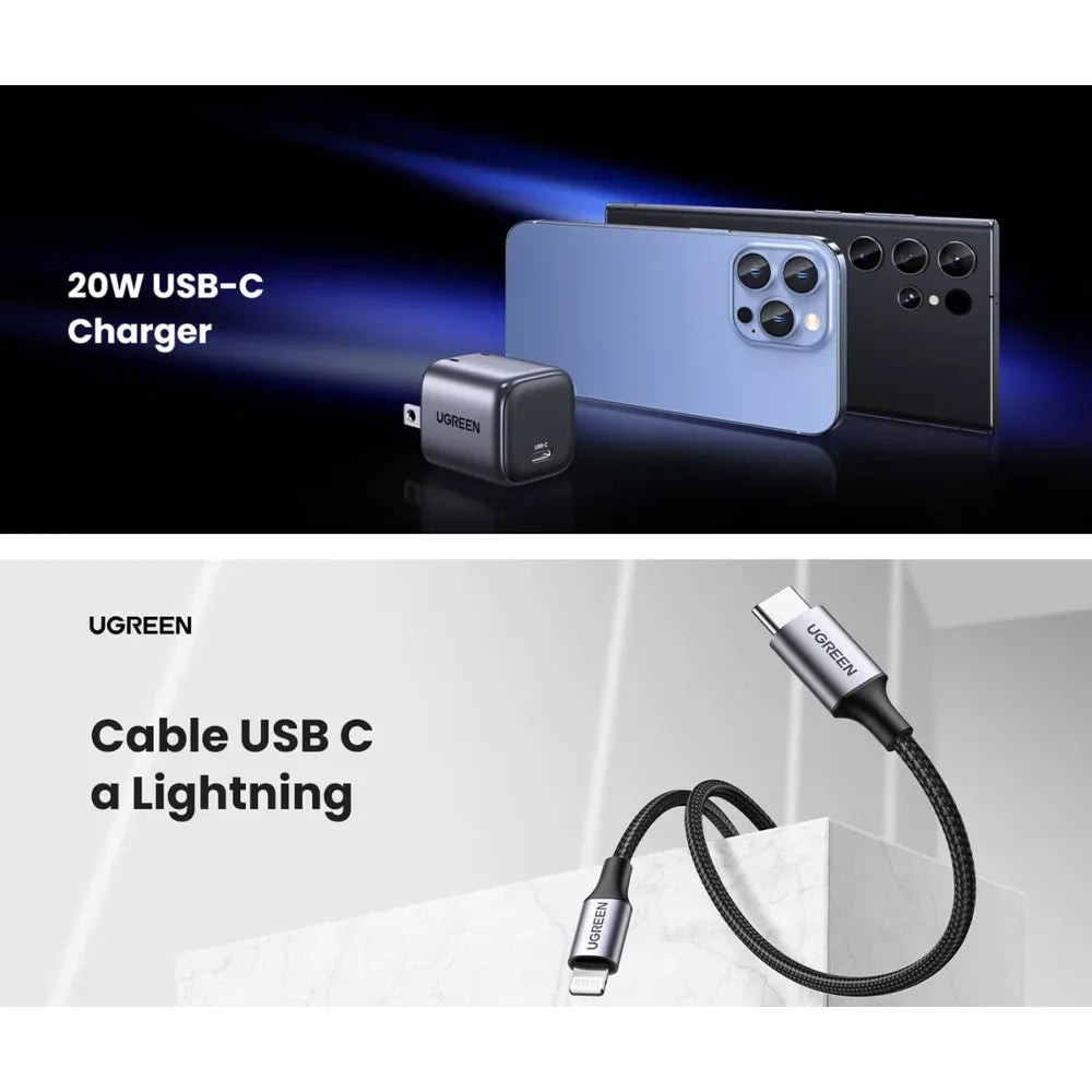Kit Ugreen De 1 Cargador De 20w Tecnología Gan Y 1 Cable Lightning es la combinación perfecta para quienes buscan eficiencia y confianza al cargar sus dispositivos Apple