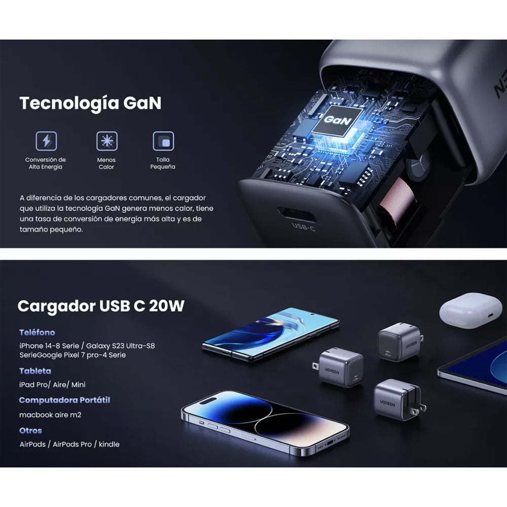 Kit Ugreen De 1 Cargador De 20w Tecnología Gan Y 1 Cable Lightning es la combinación perfecta para quienes buscan eficiencia y confianza al cargar sus dispositivos Apple