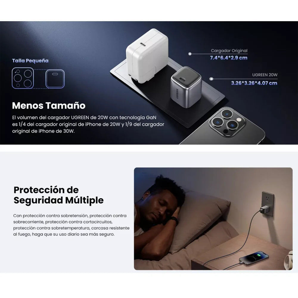 Kit Ugreen De 1 Cargador De 20w Tecnología Gan Y 1 Cable Lightning es la combinación perfecta para quienes buscan eficiencia y confianza al cargar sus dispositivos Apple