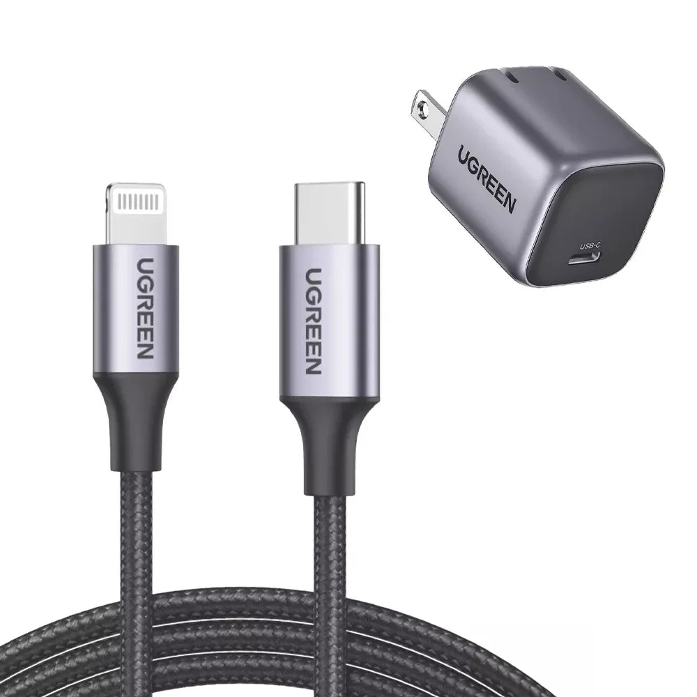 Kit Ugreen De 1 Cargador De 20w Tecnología Gan Y 1 Cable Lightning es la combinación perfecta para quienes buscan eficiencia y confianza al cargar sus dispositivos Apple