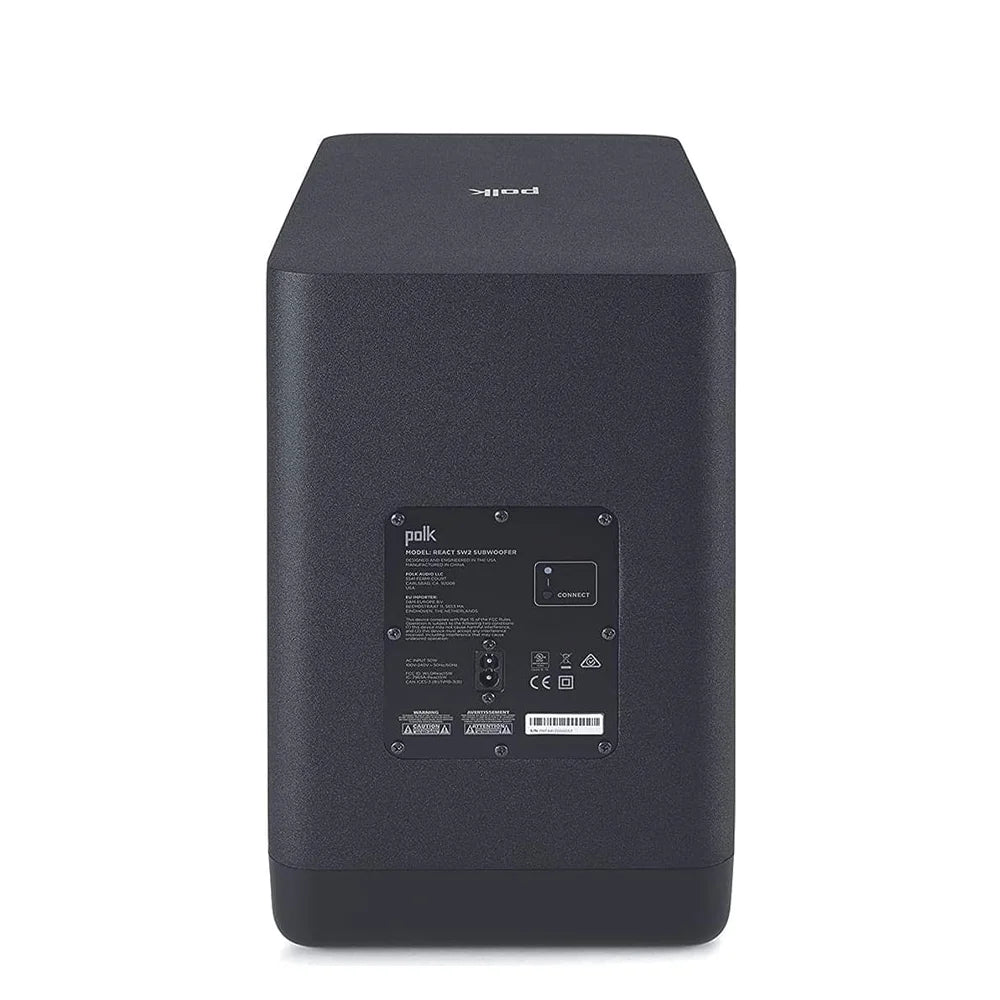 subwoofer para barra de sonido Polk React está diseñado para agregar un impacto de alto rendimiento, profundo y realista a tu música, películas y videojuegos