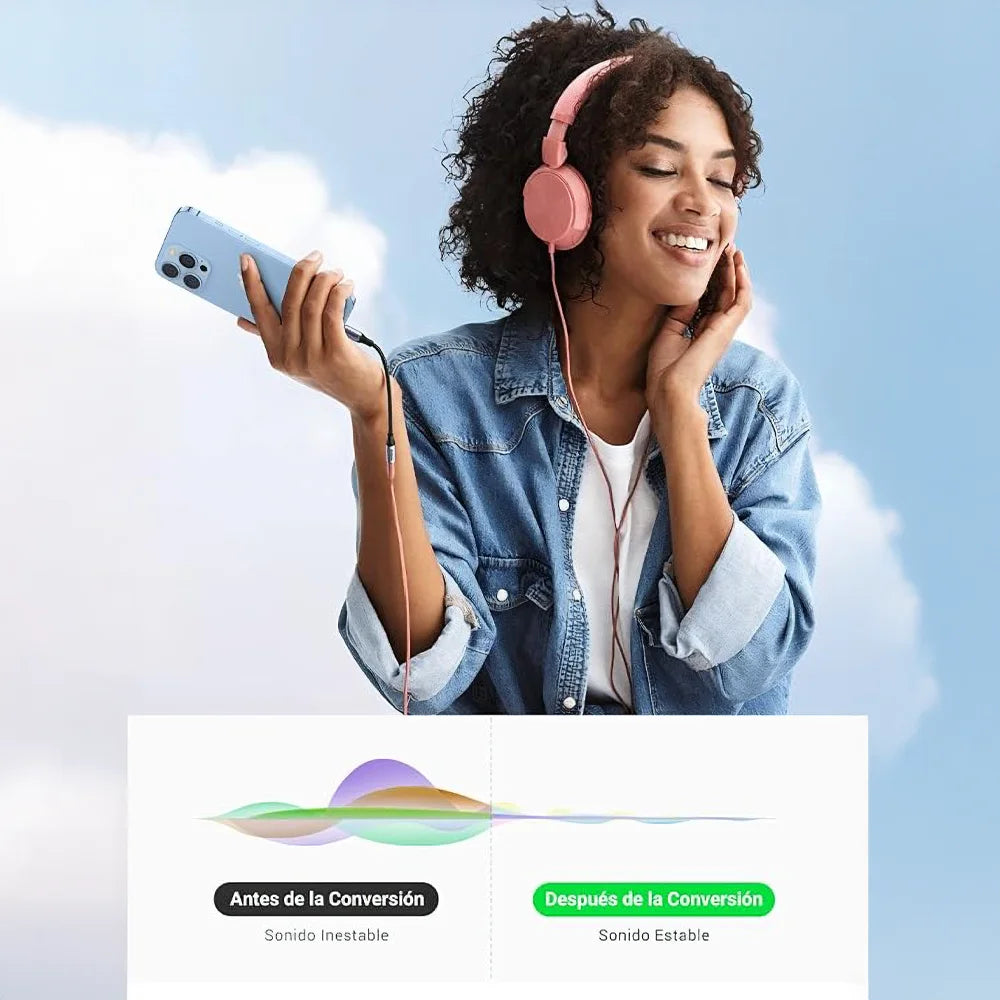 Con el Adaptador Lightning Jack UGREEN, podrás conectar cualquier dispositivo con conector Jack 3.5mm a tu iPhone o iPad de manera fácil y sin perder calidad de sonido
