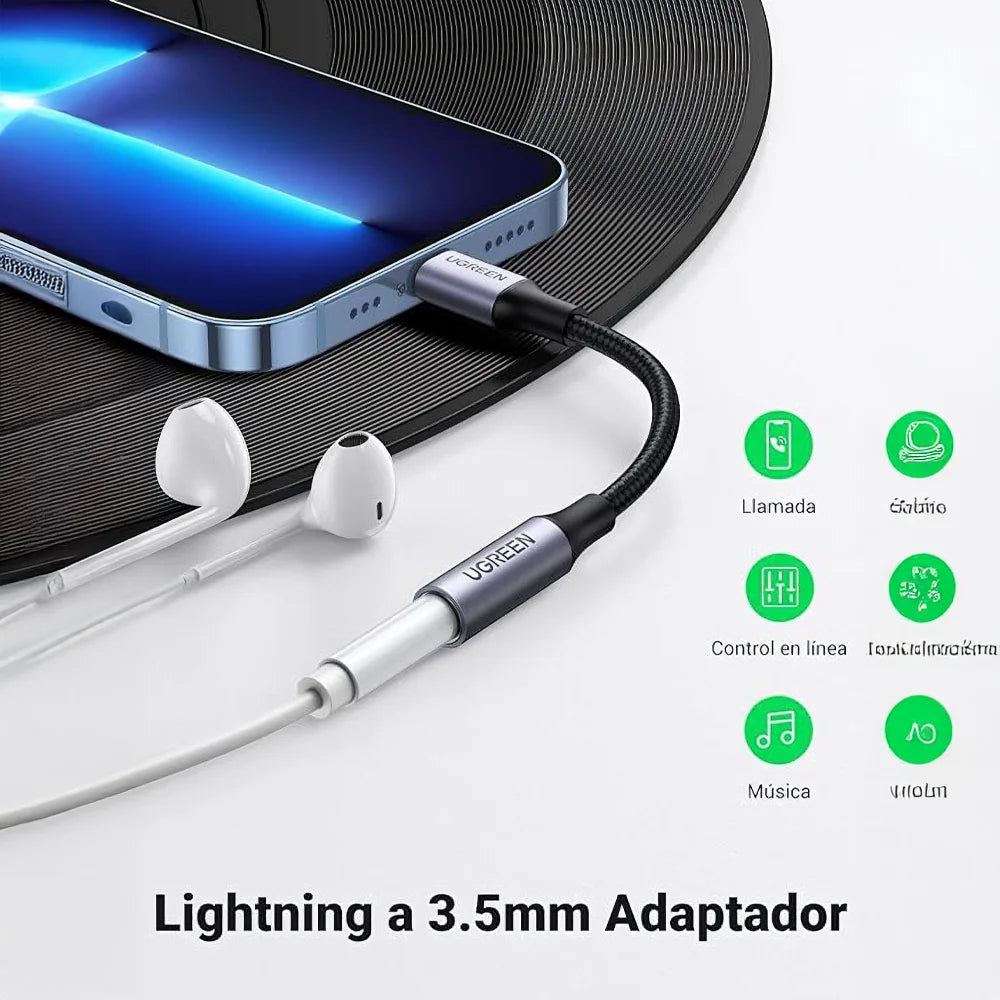 Con el Adaptador Lightning Jack UGREEN, podrás conectar cualquier dispositivo con conector Jack 3.5mm a tu iPhone o iPad de manera fácil y sin perder calidad de sonido