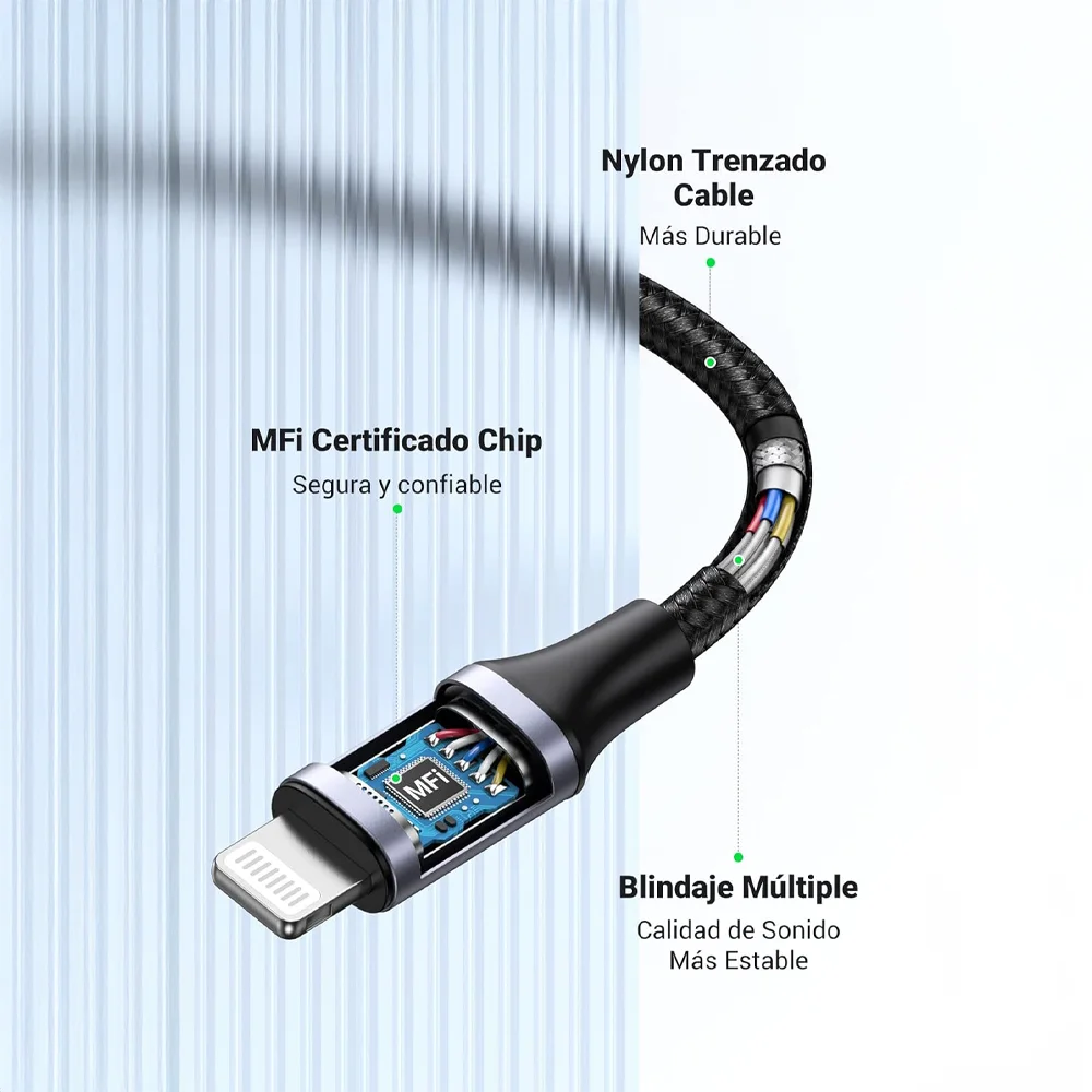 Con el Adaptador Lightning Jack UGREEN, podrás conectar cualquier dispositivo con conector Jack 3.5mm a tu iPhone o iPad de manera fácil y sin perder calidad de sonido