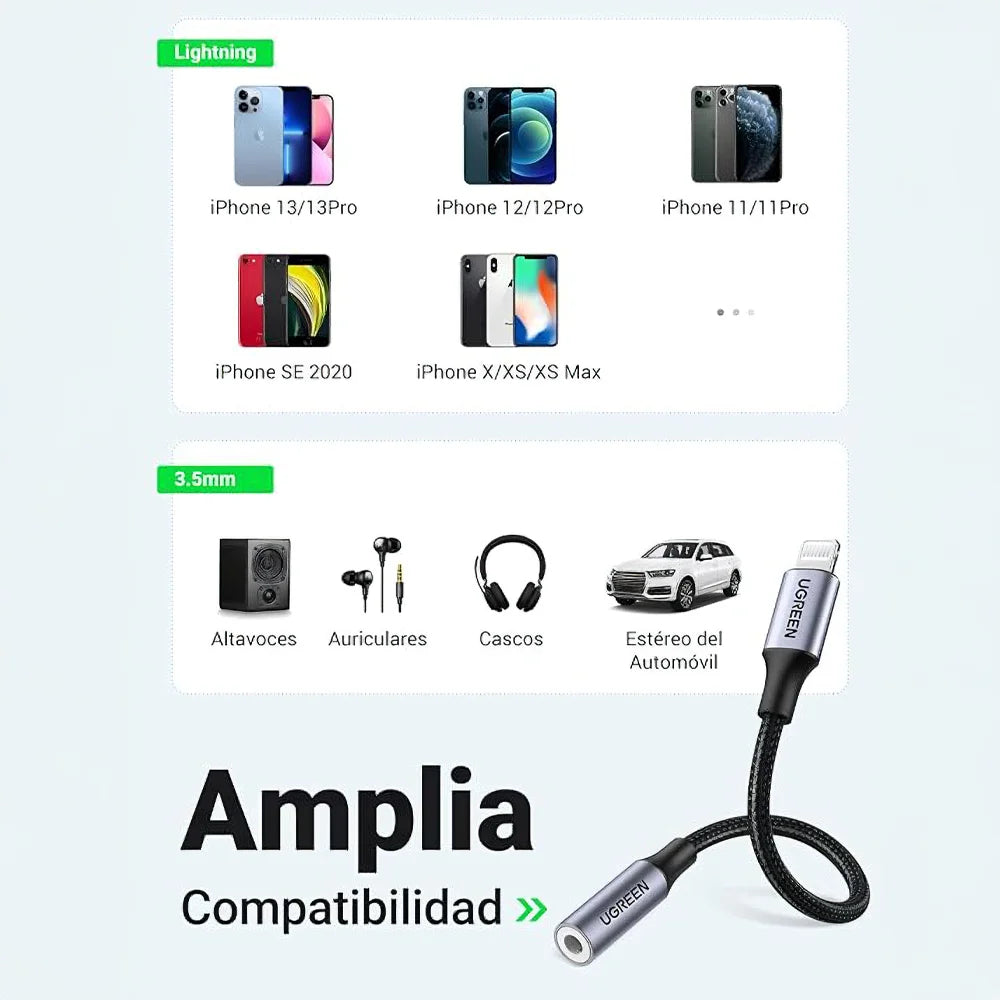 Con el Adaptador Lightning Jack UGREEN, podrás conectar cualquier dispositivo con conector Jack 3.5mm a tu iPhone o iPad de manera fácil y sin perder calidad de sonido