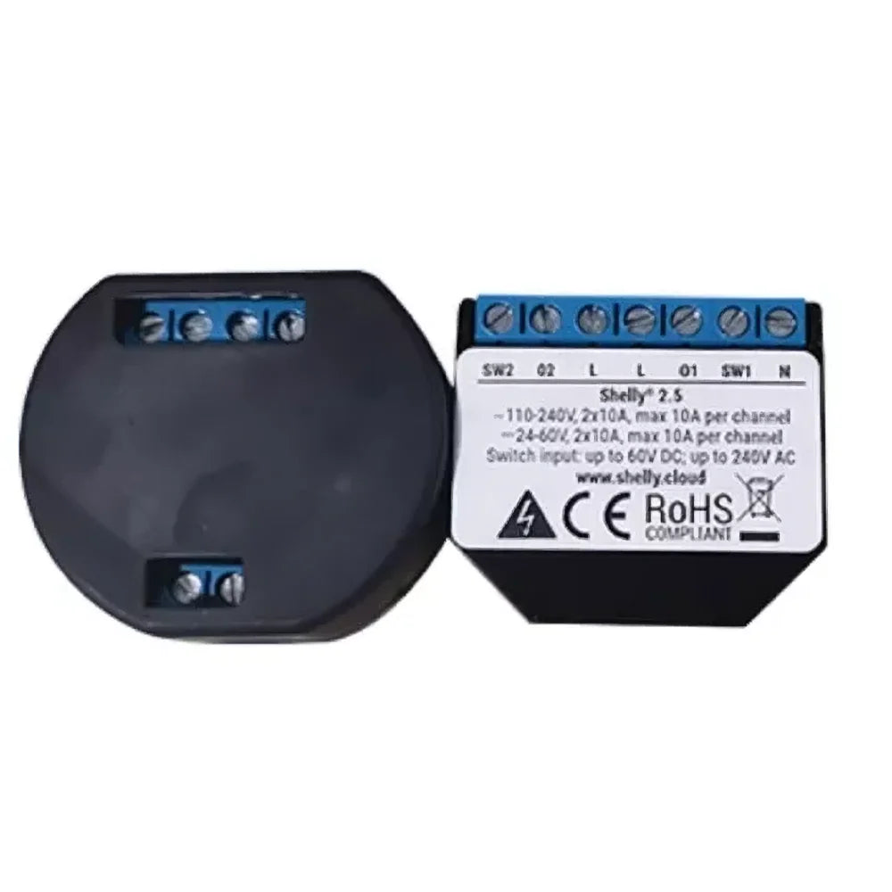 Shelly 2.5 es un doble interruptor de relevador WiFi inteligente diseñado para brindar control total sobre luces y dispositivos eléctricos