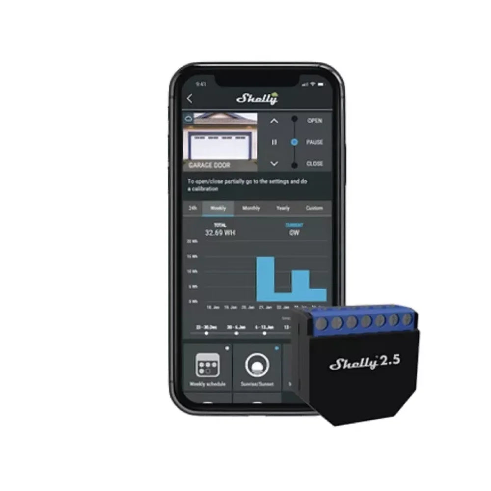 Shelly 2.5 es un doble interruptor de relevador WiFi inteligente diseñado para brindar control total sobre luces y dispositivos eléctricos