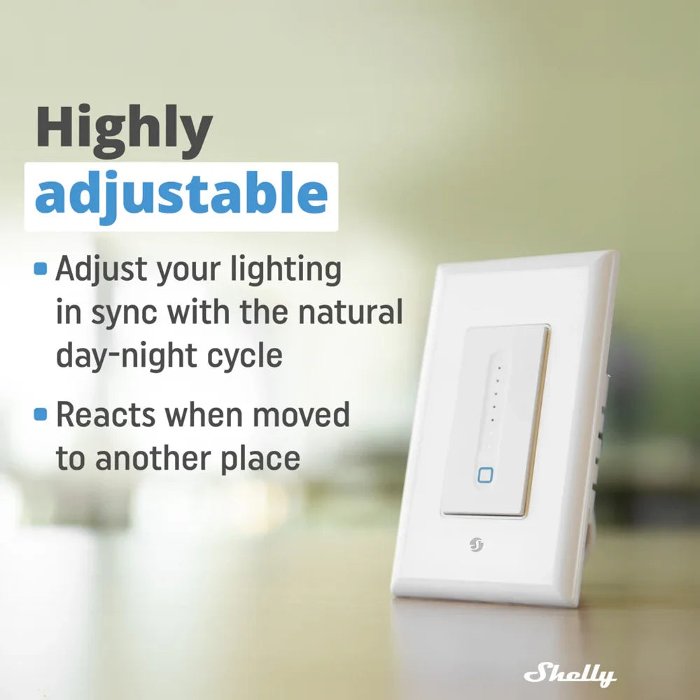 Shelly Plus Wall Dimmer es un switch inteligente diseñado para transformar tu hogar en un espacio moderno y automatizado. Controla, programa y ajusta la intensidad de tus luces desde cualquier lugar, con total confianza y sin complicaciones