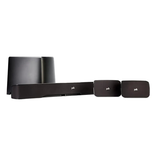 el Teatro en Casa Polk True Surround III cuenta con un sistema de sonido 5.1 inalámbrico e incluye una potente barra de sonido, un subwoofer inalámbrico de 7 pulgadas y dos altavoces traseros satélite para brindarte un audio envolvente, potente y claro desde todos los ángulos