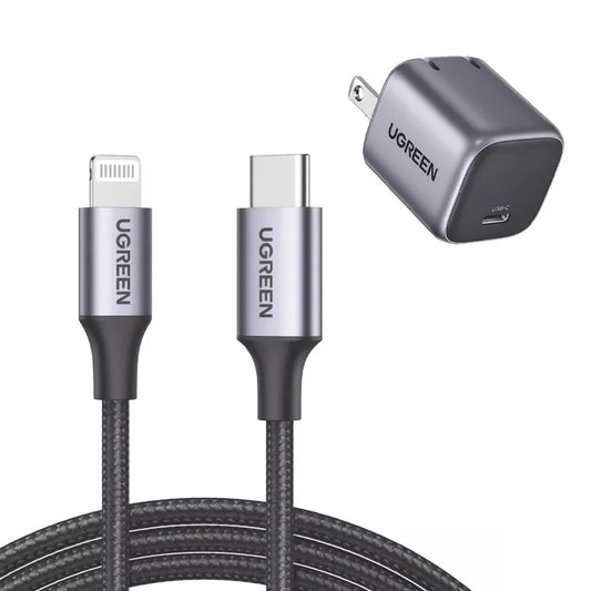 Kit Ugreen De 1 Cargador De 20w Tecnología Gan Y 1 Cable Lightning es la combinación perfecta para quienes buscan eficiencia y confianza al cargar sus dispositivos Apple